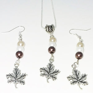 Handmade Glass Beaded Metal Charm Pendants with Silver Plated Earrings and Snake Chain Necklace Jewelry Set Beige Brown Ivory Wave Bail Maple Leaf Leaves