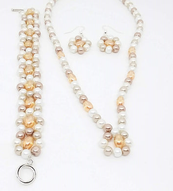 Handmade Glass Beaded Bracelet Earrings Necklace Jewelry Set Gold Beige White