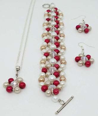 Handmade Glass Beaded Bracelet Earrings Necklace Jewelry Set Red Gold Clear