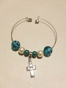 Charm Bracelet Single Layer with 3 Charms, 6 Beads, and a Cross Charm