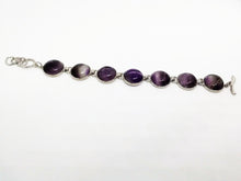 Load image into Gallery viewer, Gemstone Bracelet 7 Stone Amethyst Link Bracelet 7 3/4&quot; length Brass Toggle Clasp Curvy