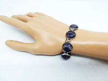 Load image into Gallery viewer, Gemstone Bracelet 7 Stone Amethyst Link Bracelet 7 3/4&quot; length Brass Toggle Clasp Curvy