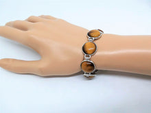 Load image into Gallery viewer, Gemstone Bracelet 7 Stone Tigers Eye Link Bracelet 7 3/4&quot; length Brass Toggle Clasp Curvy