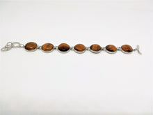 Load image into Gallery viewer, Gemstone Bracelet 7 Stone Tigers Eye Link Bracelet 7 3/4&quot; length Brass Toggle Clasp Curvy