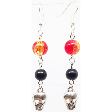 Bead Statement Earrings - Beaded Shiny Glass with Metal Charm Skull