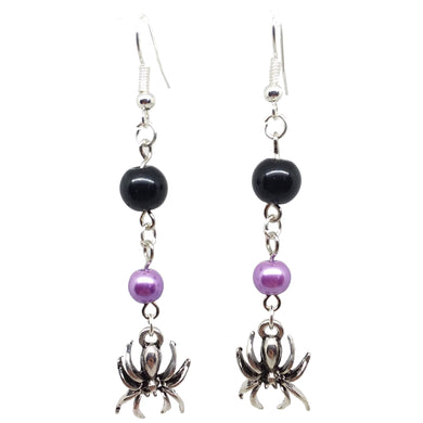 Bead Statement Earrings - Beaded Shiny Glass with Metal Charm Spider