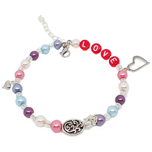 Bead Statement Bracelets - Stackable Beaded Memory Wire Lobster Clasp Bangles Shiny Glass with "Love" + Heart Charms