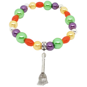 Bead Statement Bracelets - Stackable Beaded Stretch Bangles Shiny Glass with Charm Broom