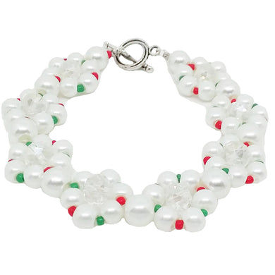 Handmade White Green Red Clear Glass Beaded Bracelet Holiday Jewelry with Metal Ring and Toggle Clasp