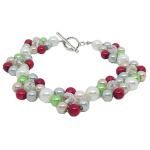 Handmade White Green Red Clear Glass Beaded Bracelet Holiday Jewelry with Metal Ring and Toggle Clasp