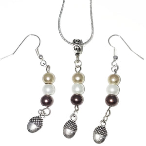 Handmade Glass Beaded Metal Charm Pendants with Silver Plated Earrings and Snake Chain Necklace Jewelry Set Beige Brown Ivory Spiral Bail Acorn