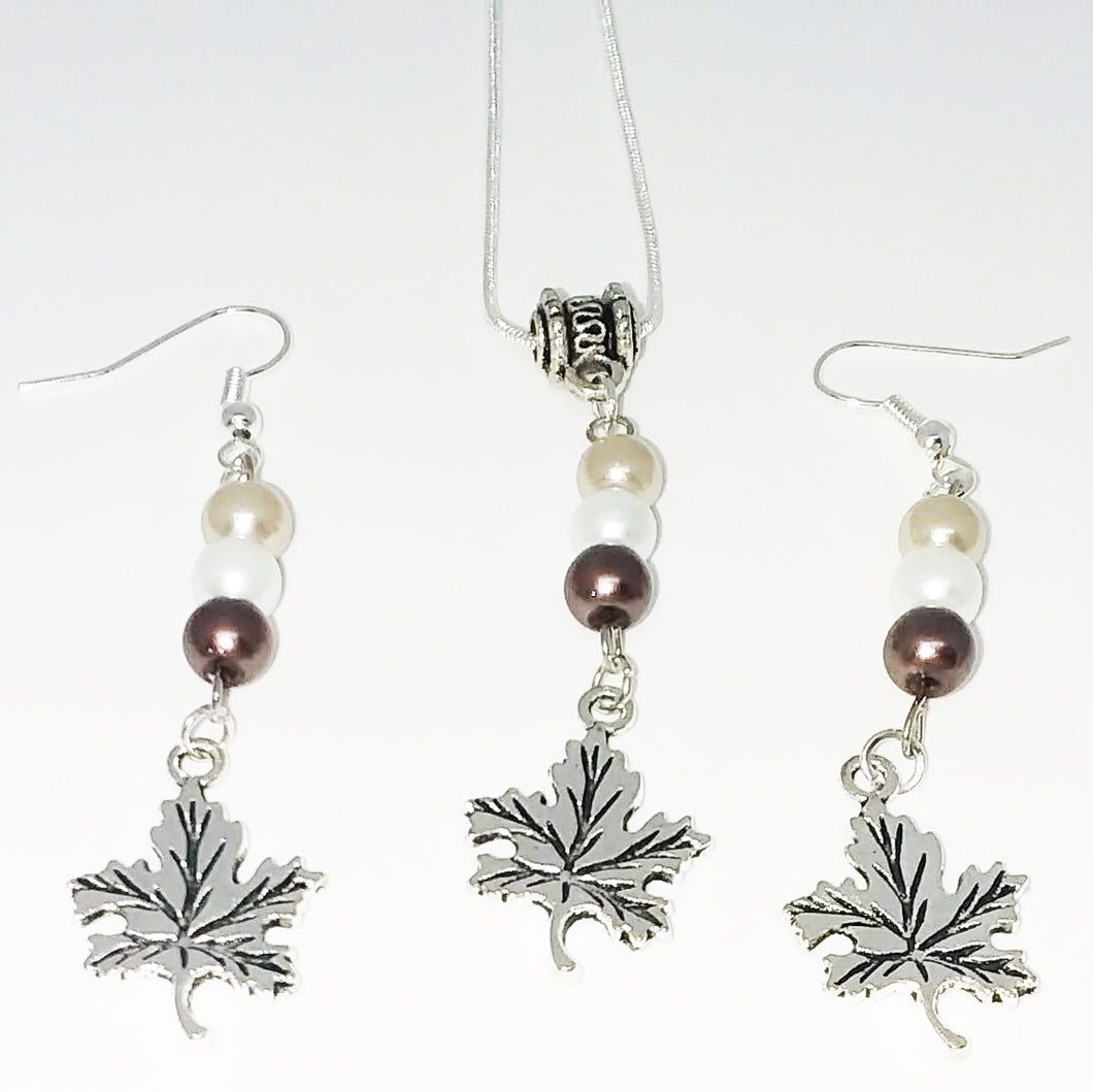 Handmade Glass Beaded Metal Charm Pendants with Silver Plated Earrings and Snake Chain Necklace Jewelry Set Beige Brown Ivory Wave Bail Maple Leaf Leaves