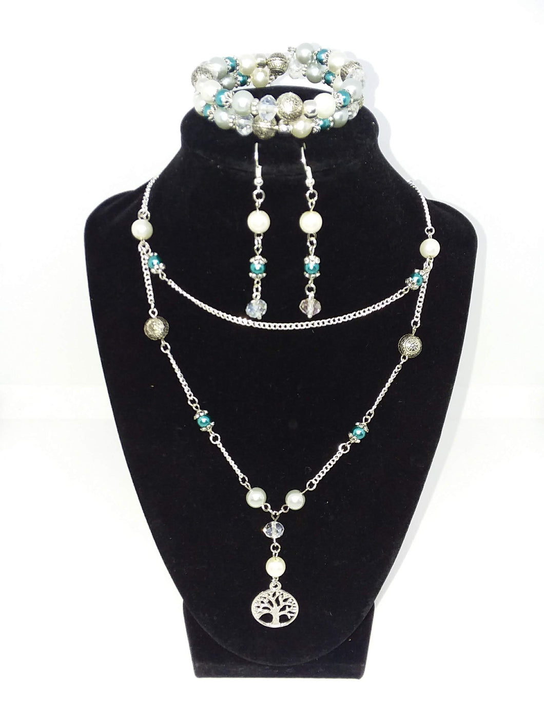 Handmade Glass Beaded Metal Charm Pendants with Silver Plated Earrings and Chain Necklace Jewelry Set Tree of Life