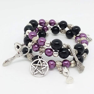 AVBeads Beaded Memory Wire Bracelet Wrap 3Layer Charm Bracelet Pagan Wiccan Witch Charms Handmade