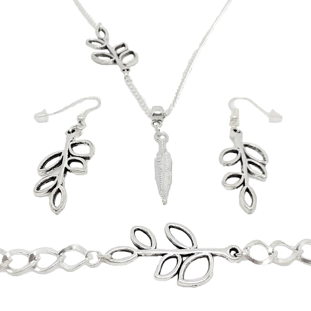 AVBeads Boho Jewelry Feather Olive Branch Charm Pendant Silver Plated Chain Bracelet Necklace Earrings Set