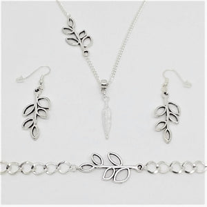 AVBeads Boho Jewelry Feather Olive Branch Charm Pendant Silver Plated Chain Bracelet Necklace Earrings Set