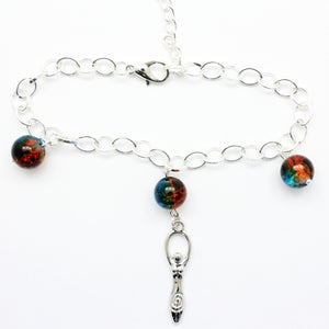 AVBeads Halloween Pagan Wiccan Metal Goddess Blue Orange Glass Crackle Beads 10" Silver Plated Chain Link Charm Bracelet Jewelry