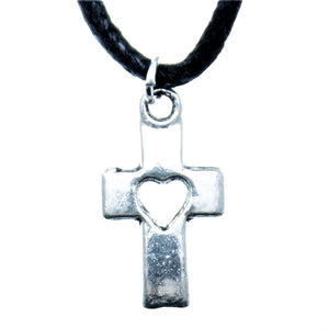 AVBeads Choker Necklace 18" Black Cord with Silver Cross Heart Charm Pendant 1004