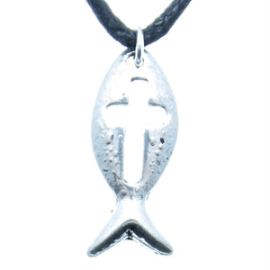AVBeads Choker Necklace 18" Black Cord with Silver Jesus Fish Cross Charm Pendant 1005