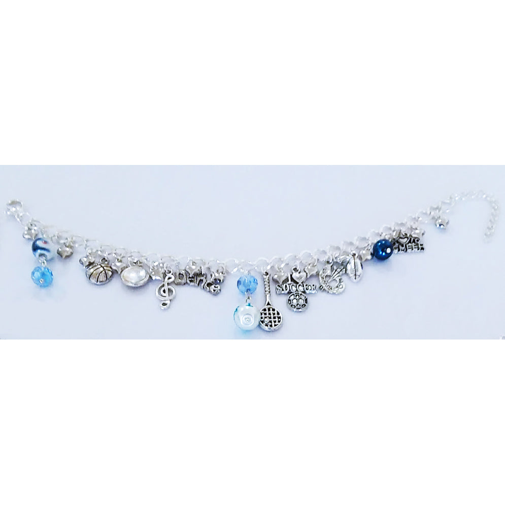 AVBeads Jewelry Charm Bracelet Sporty Silver Chain Link Blue Glass JWL-CB-Sporty1001