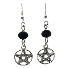 Load image into Gallery viewer, Celtic Gothic Halloween Pagan Wicca Wiccan Pentacle Charm Beaded with Silver Plated Metal Ear Hook Dangle Earrings