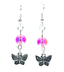 AVBeads Jewelry Charm Earrings Dangle Silver Hook Beaded Pink AB Butterfly