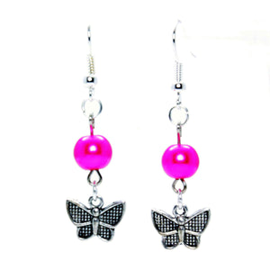 AVBeads Jewelry Charm Earrings Dangle Silver Hook Beaded Fuchsia Pink Butterfly