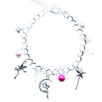AVBeads Jewelry Fairy Charm Bracelet Silver Plated Chain Pink Glass Beads Metal Charms 10 inch