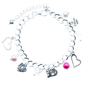AVBeads Jewelry Hearts Charm Bracelet Silver Plated Chain Pink Glass Beads Metal Charms 10 inch