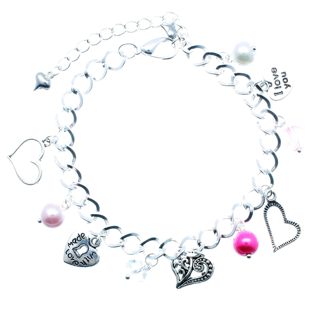 AVBeads Jewelry Hearts Charm Bracelet Silver Plated Chain Pink Glass Beads Metal Charms 10 inch