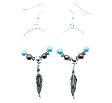 AVBeads Jewelry Hoop Earrings Dangle Silver Plated Hook Beaded Blue Brown with Feather Charms 1003