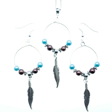 AVBeads Jewelry Set Beaded Hoop Pendants with Feather Charms Blue Brown Silver 1010
