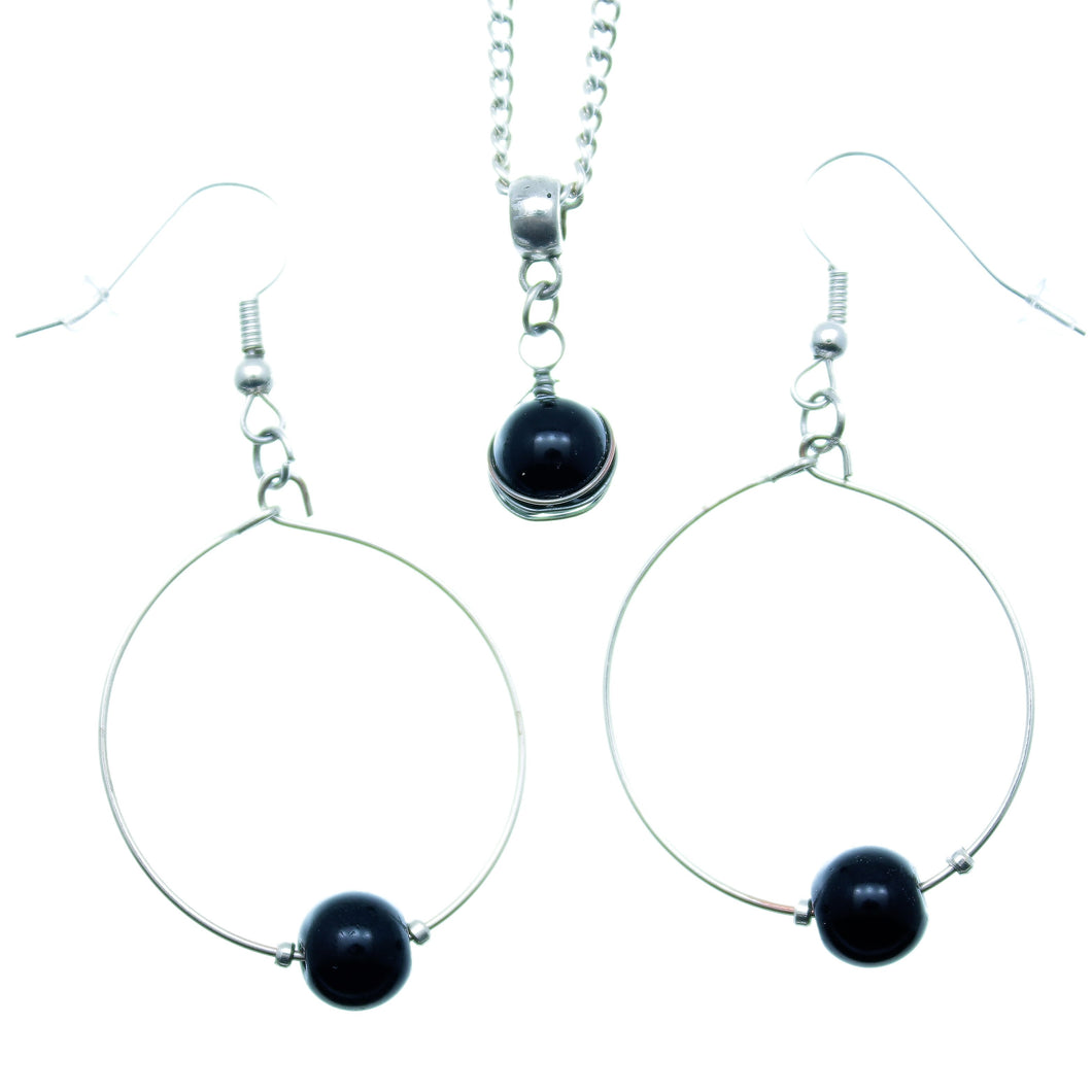 AVBeads Jewelry Set Beaded Silver Plated Hoop Earrings and Necklace with Black Beads 1002