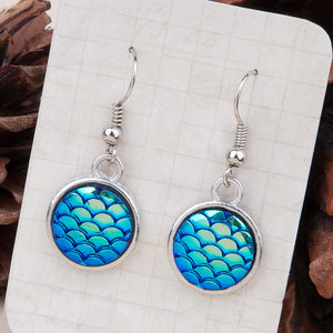 Resin Mermaid Dragon Scale Earrings Silver Tone Blue AB Color Round 1 3/8" x 5/8", Wire Size: 21 gauge