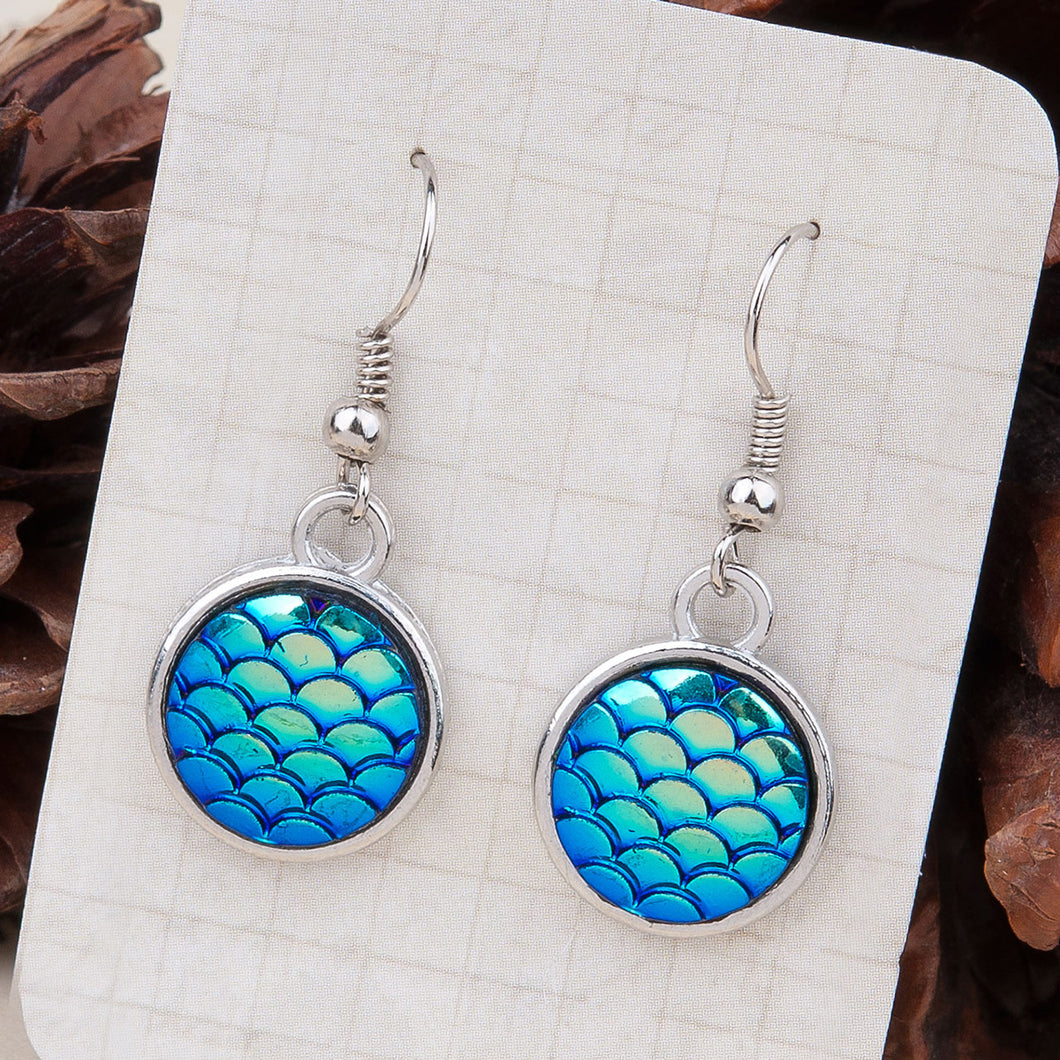 Resin Mermaid Dragon Scale Earrings Silver Tone Blue AB Color Round 1 3/8