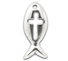 Load image into Gallery viewer, AVBeads Jesus Christian Fish Ichthys Silver Cross 20mm x 9mm Metal Charms 10pcs