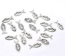 Load image into Gallery viewer, AVBeads Jesus Christian Fish Ichthys Silver Cross 20mm x 9mm Metal Charms 10pcs