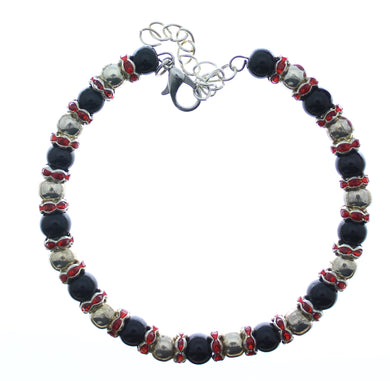 Bracelet Memory Wire Bracelet Beaded Black Silver with Red Rhinestones, Clasp and Chain JWL-BMWBCC-BSRR
