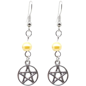 Celtic Gothic Halloween Pagan Wicca Wiccan Pentacle Charm Beaded with Silver Plated Metal Ear Hook Dangle Earrings