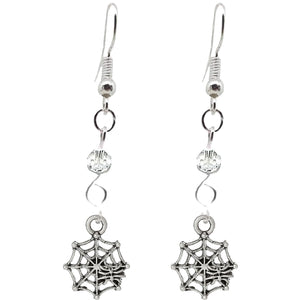 Animal Creepy Gothic Halloween Insect Spider Web Charm with Silver Plated Metal Ear Hook Dangle Earrings
