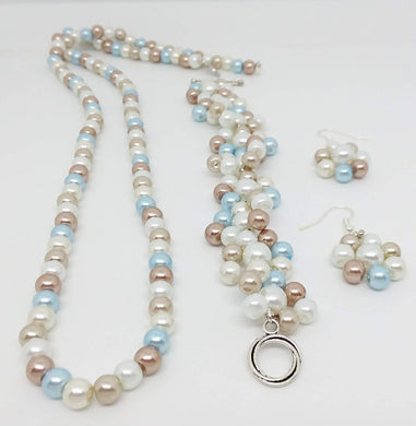 Handmade Glass Beaded Bracelet Earrings Necklace Jewelry Set Beige Blue Ivory White