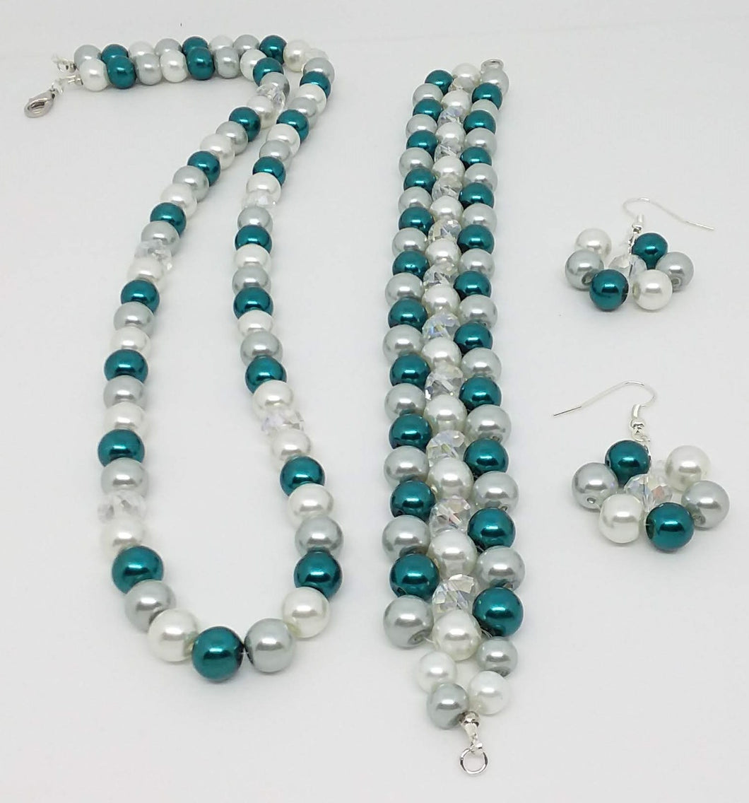 Handmade Glass Beaded Bracelet Earrings Necklace Jewelry Set Blue Gray Clear