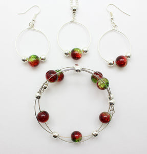 Jewelry Set XMAS-JWL-1014 Red Green Silver 10mm Beads on Wire - Free Shipping