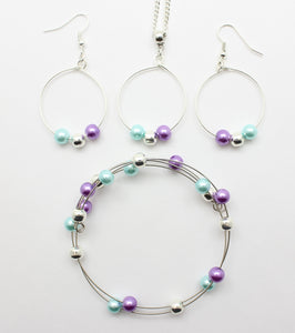 Jewelry Set JWL-SET-1003 Purple Blue Silver 6mm Beads on Wire - Free Shipping