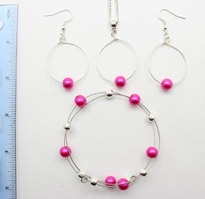 Jewelry Set JWL-SET-1001 Pink Silver 8mm Beads on Wire - Free Shipping
