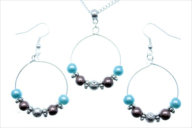 Jewelry Set JWL-SET-1008 Blue Brown Silver 6mm Beads on Wire
