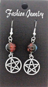 Celtic Gothic Halloween Pagan Wicca Wiccan Pentacle Charm Beaded with Silver Plated Metal Ear Hook Dangle Earrings