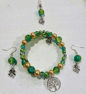 Handmade Glass Beaded Metal Charm Pendants with Silver Plated Earrings and Snake Chain Necklace Jewelry Set Green Gold Blue Crackle Clover Tree